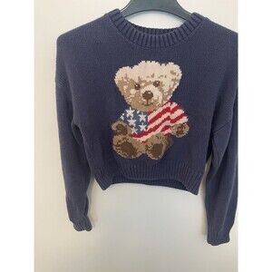 Grayson Threads Sweater Womens XS Blue Teddy Bear USA Flag Knit Pullover